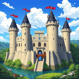 A grand medieval castle in 2D pixel art style