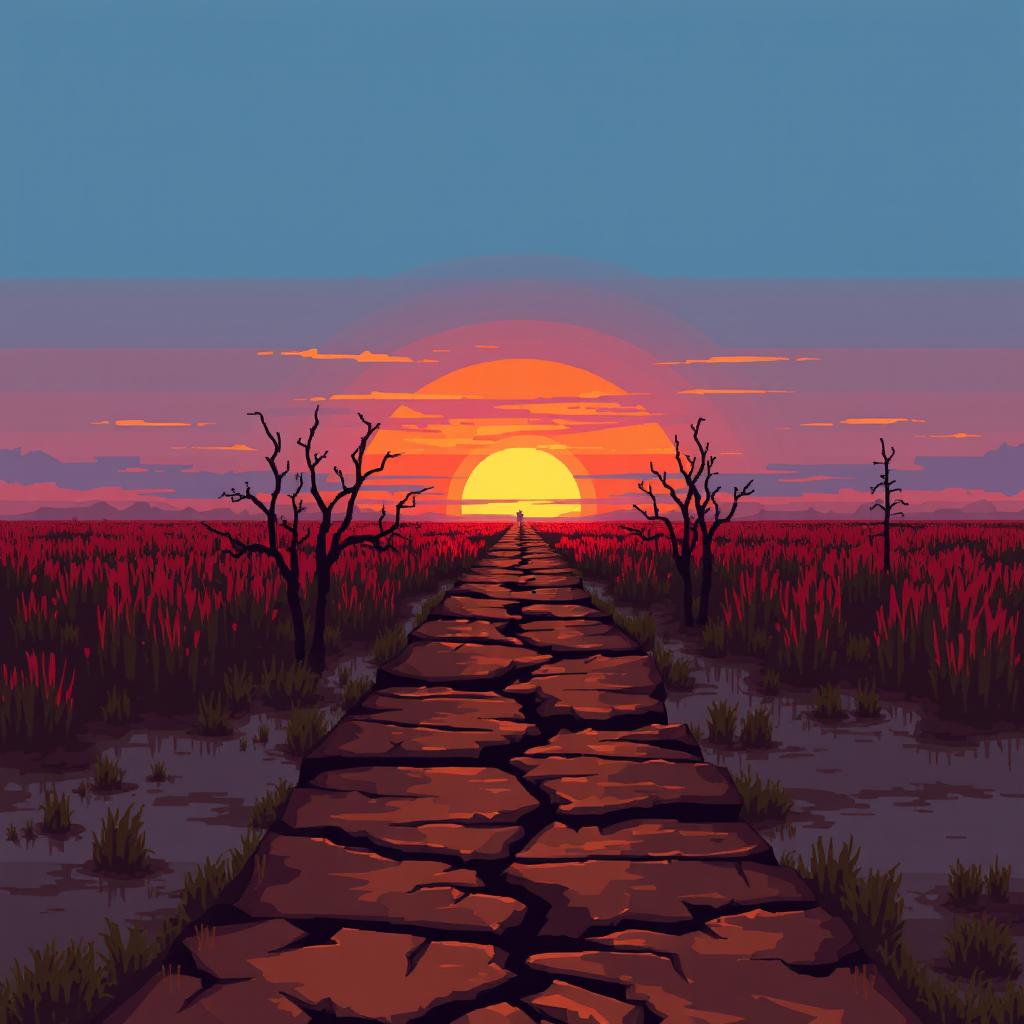 A pixel art scene of a swamp featuring a broken brown pathway that stretches into the distance of the marshland