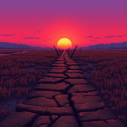 A pixel art scene of a swamp featuring a broken brown pathway that stretches into the distance of the marshland