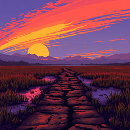 A pixel art scene of a swamp featuring a broken brown pathway that stretches into the distance of the marshland