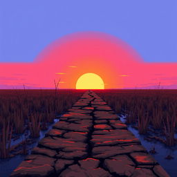 A pixel art scene of a swamp featuring a broken brown pathway that stretches into the distance of the marshland