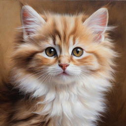 An oil painting of a fluffy, adorable kitten, captured in vivid detail. The kitten's fur is fluffy and soft, with warm hues and contrasting depths, enhancing the overall cuteness.