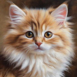 An oil painting of a fluffy, adorable kitten, captured in vivid detail. The kitten's fur is fluffy and soft, with warm hues and contrasting depths, enhancing the overall cuteness.