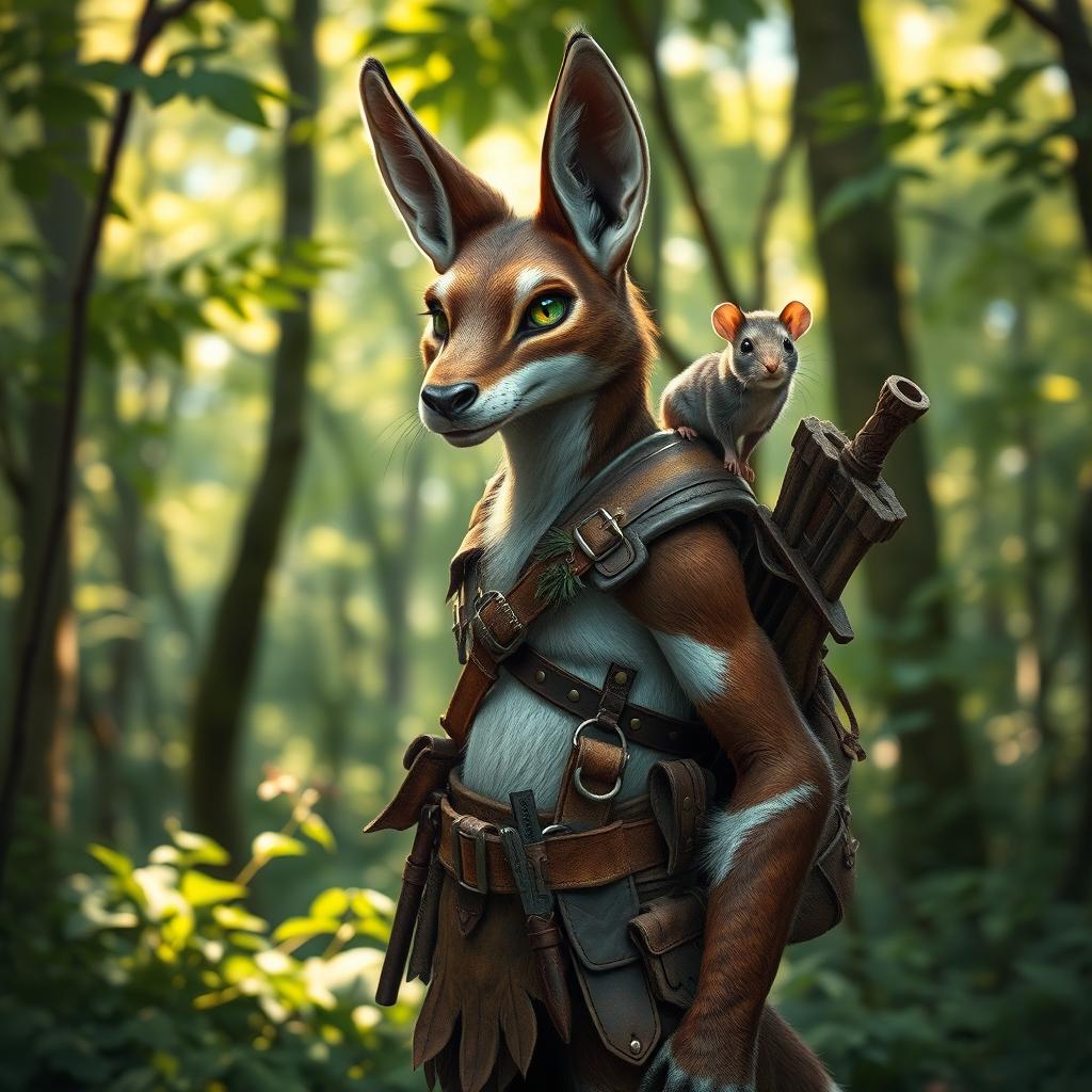 A lean and agile Harengon named Hopson stands in a lush forest, his mottled brown and soft white fur camouflaging seamlessly with the dappled sunlight filtering through the trees