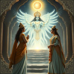 Lady Kunti and Lady Madri standing together in an ancient mystical setting, calling forth the twin Ashwin gods