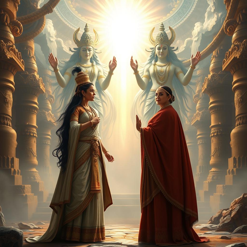 Lady Kunti and Lady Madri standing together in an ancient mystical setting, calling forth the twin Ashwin gods