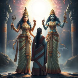 Lady Kunti and Lady Madri standing together in an ancient mystical setting, calling forth the twin Ashwin gods