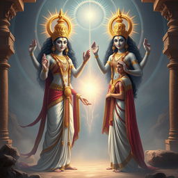 Lady Kunti and Lady Madri standing together in an ancient mystical setting, calling forth the twin Ashwin gods