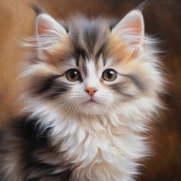 An oil painting of a fluffy, adorable kitten, captured in vivid detail. The kitten's fur is fluffy and soft, with warm hues and contrasting depths, enhancing the overall cuteness.