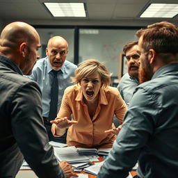 In an office setting, a short-haired woman is going berserk, engaging in a heated argument with three men: a bald man with a moustache, a man with thinning hair and a beard, and a man with a full head of hair