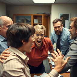 In an office setting, a short-haired woman is going berserk, engaging in a heated argument with three men: a bald man with a moustache, a man with thinning hair and a beard, and a man with a full head of hair