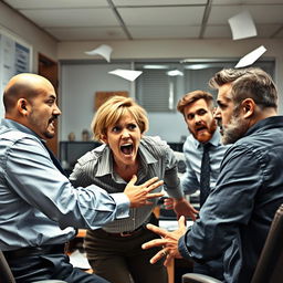 In an office setting, a short-haired woman is going berserk, engaging in a heated argument with three men: a bald man with a moustache, a man with thinning hair and a beard, and a man with a full head of hair