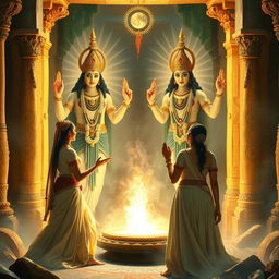 Lady Kunti and Lady Madri in an ancient mystical setting, summoning the male twin gods Ashwin