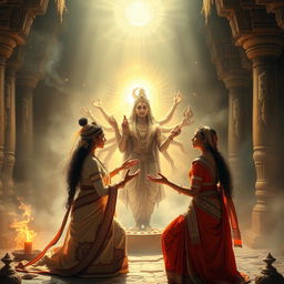 Lady Kunti and Lady Madri in an ancient mystical setting, summoning the male twin gods Ashwin