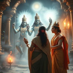 Lady Kunti and Lady Madri in an ancient mystical setting, summoning the male twin gods Ashwin