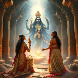 Lady Kunti and Lady Madri in an ancient mystical setting, summoning the male twin gods Ashwin