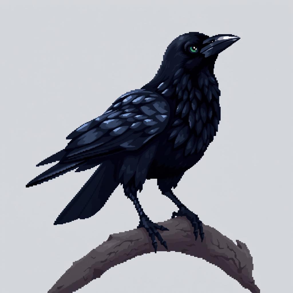 A detailed and elegantly designed crow in 2D pixel art, perched on a tree branch