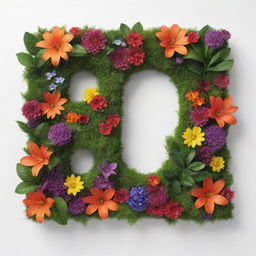 3D text covered in vibrant plants, blooming flowers and lush grass against a clean white background.