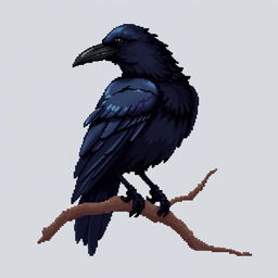 A detailed and elegantly designed crow in 2D pixel art, perched on a tree branch