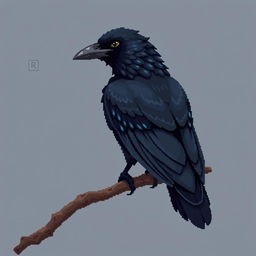 A detailed and elegantly designed crow in 2D pixel art, perched on a tree branch