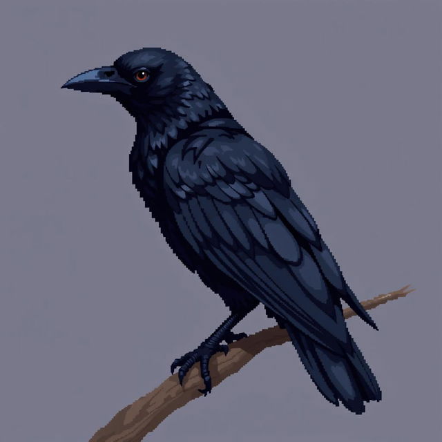 A detailed and elegantly designed crow in 2D pixel art, perched on a tree branch