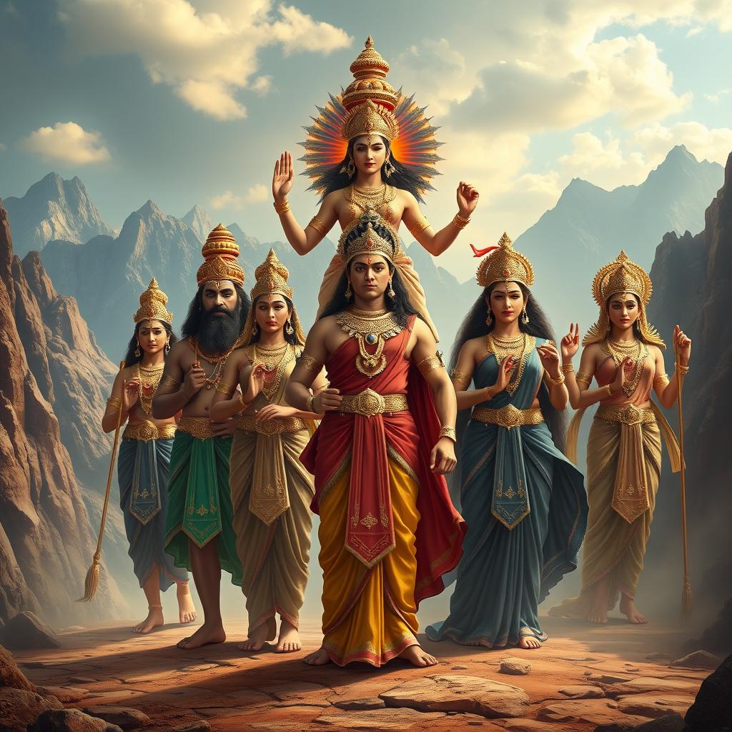 A majestic scene depicting the Panca Pandawa, the five legendary brothers from the Mahabharata, standing proudly at the forefront, each exuding a sense of strength, wisdom, and valor