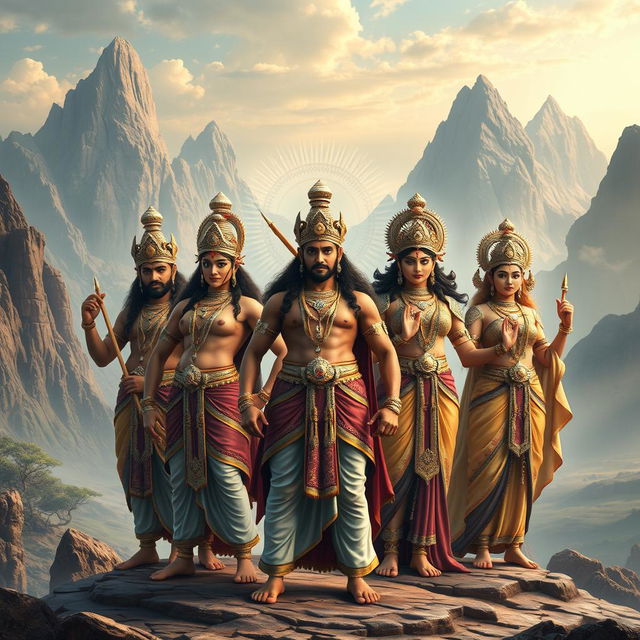 A majestic scene depicting the Panca Pandawa, the five legendary brothers from the Mahabharata, standing proudly at the forefront, each exuding a sense of strength, wisdom, and valor