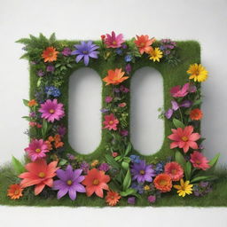 3D text covered in vibrant plants, blooming flowers and lush grass against a clean white background.