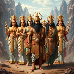 A majestic scene depicting the Panca Pandawa, the five legendary brothers from the Mahabharata, standing proudly at the forefront, each exuding a sense of strength, wisdom, and valor