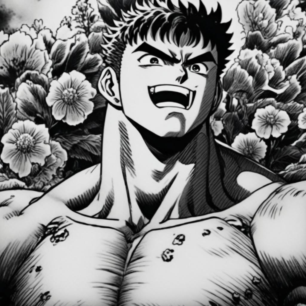 A pencil-drawn black and white profile picture of a muscular Guts from Berserk with a heavily blood-stained, yet joyfully smiling face and a thick neck, set against a detailed background of various flowers.