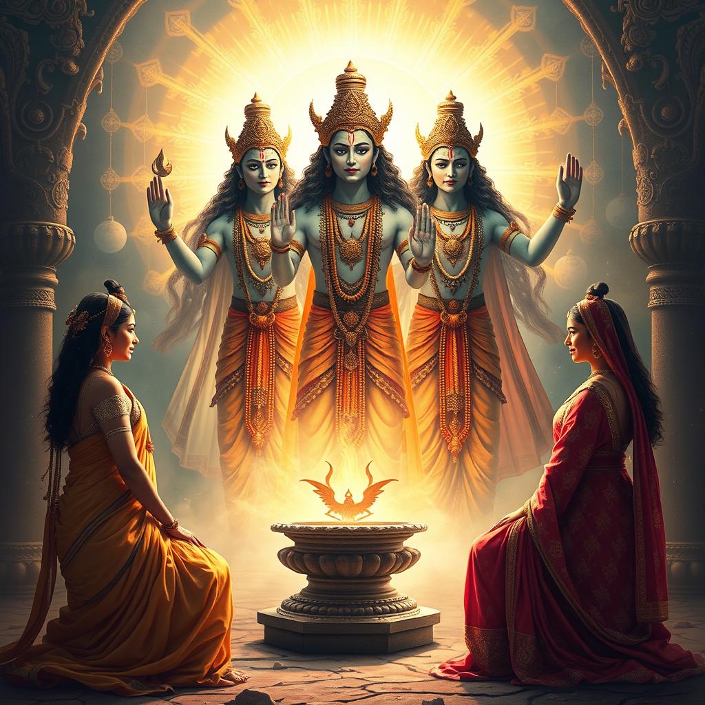 In an ancient, mystical setting, Lady Kunti and Lady Madri summon the male twin gods, Ashwin