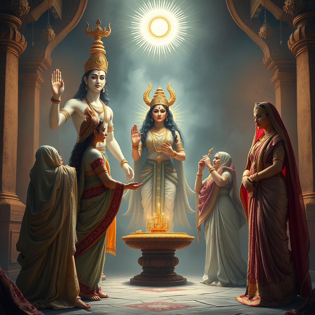 In an ancient, mystical setting, Lady Kunti and Lady Madri summon the male twin gods, Ashwin