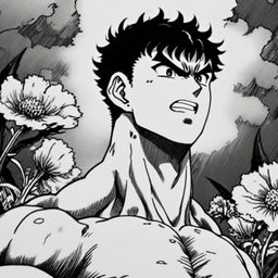 A pencil-drawn black and white profile picture of a muscular Guts from Berserk with a heavily blood-stained, yet joyfully smiling face and a thick neck, set against a detailed background of various flowers.