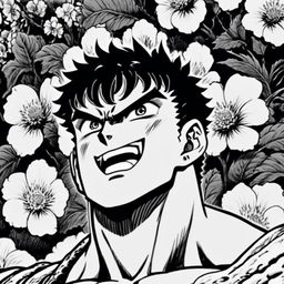 A pencil-drawn black and white profile picture of a muscular Guts from Berserk with a heavily blood-stained, yet joyfully smiling face and a thick neck, set against a detailed background of various flowers.