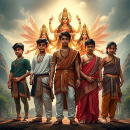 A striking composition portraying five teenage boys representing characters from the Mahabharata, standing bravely in a line