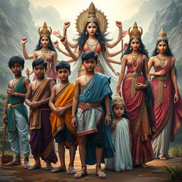 A striking composition portraying five teenage boys representing characters from the Mahabharata, standing bravely in a line