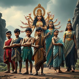 A striking composition portraying five teenage boys representing characters from the Mahabharata, standing bravely in a line