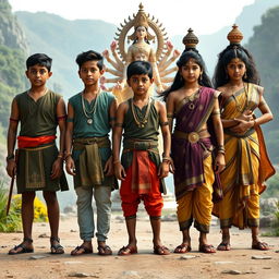 A striking composition portraying five teenage boys representing characters from the Mahabharata, standing bravely in a line