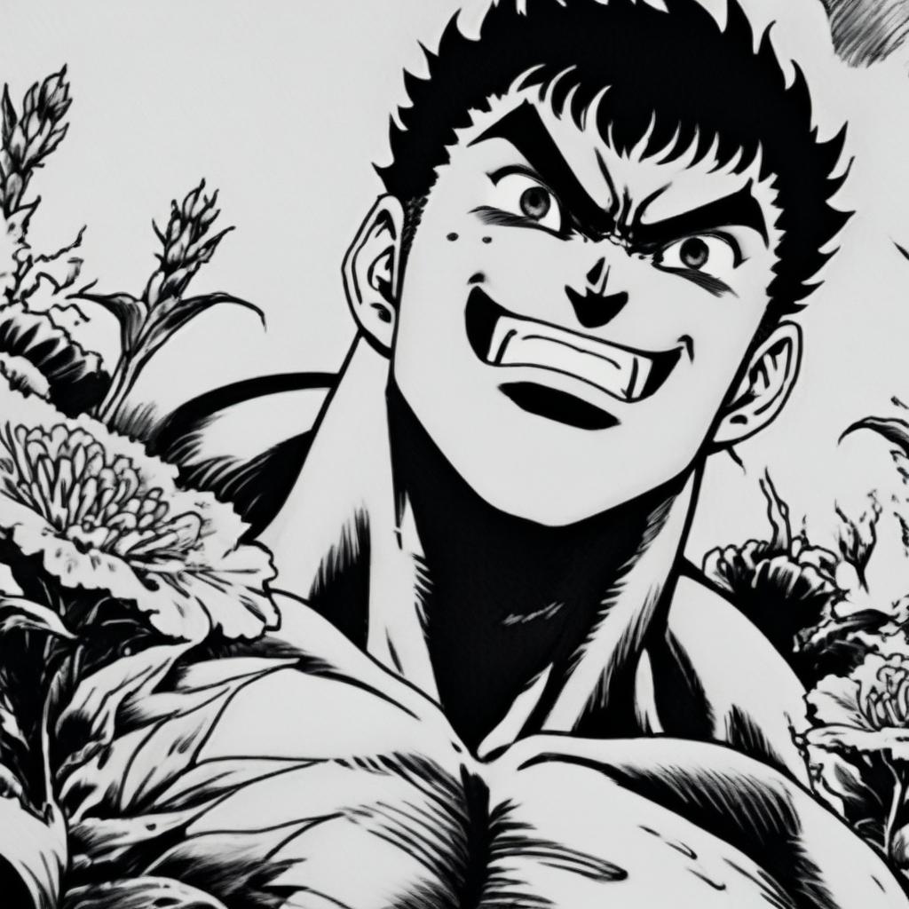 A pencil-drawn black and white profile picture of a muscular Guts from Berserk with a heavily blood-stained, yet joyfully smiling face and a thick neck, set against a detailed background of various flowers.