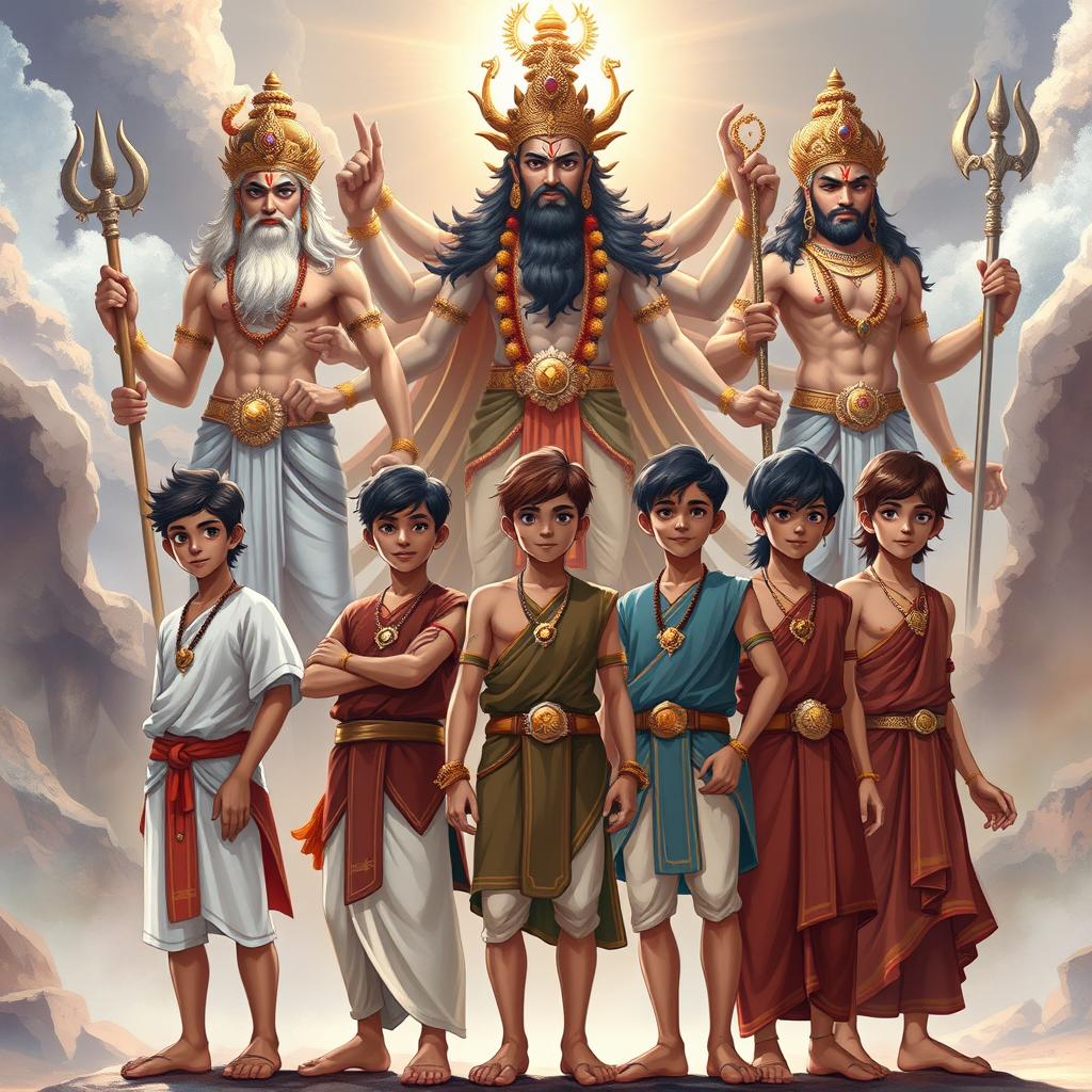 An awe-inspiring illustration showcasing five teenage boys, each representing a key character from the Mahabharata, standing confidently in a group formation