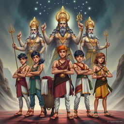 An awe-inspiring illustration showcasing five teenage boys, each representing a key character from the Mahabharata, standing confidently in a group formation