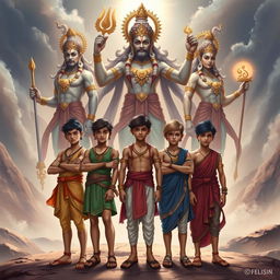 An awe-inspiring illustration showcasing five teenage boys, each representing a key character from the Mahabharata, standing confidently in a group formation