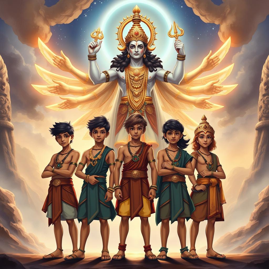 An awe-inspiring illustration showcasing five teenage boys, each representing a key character from the Mahabharata, standing confidently in a group formation