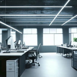 A well-organized, modern office with sleek furniture, ambient lighting, and several work stations with laptops.