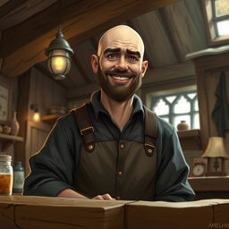 A bald human innkeeper standing behind a rustic inn counter