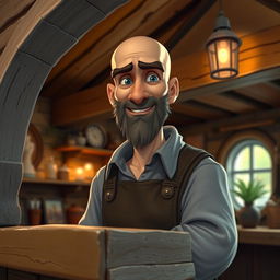 A bald human innkeeper standing behind a rustic inn counter