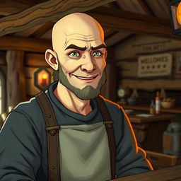 A bald human innkeeper standing behind a rustic inn counter