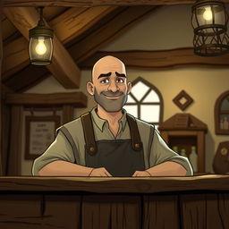 A bald human innkeeper standing behind a rustic inn counter