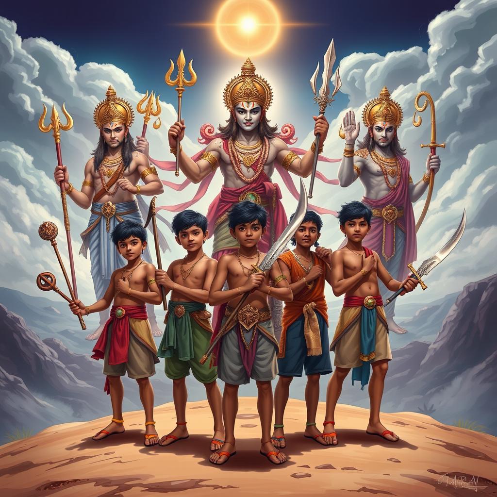 A dynamic illustration showcasing five teenage boys, each representing key characters from the Mahabharata, arranged in a determined formation