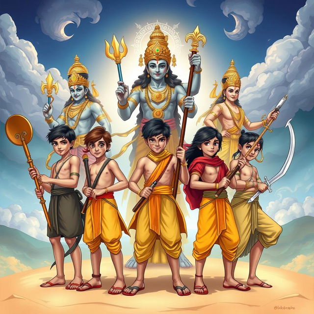 A dynamic illustration showcasing five teenage boys, each representing key characters from the Mahabharata, arranged in a determined formation